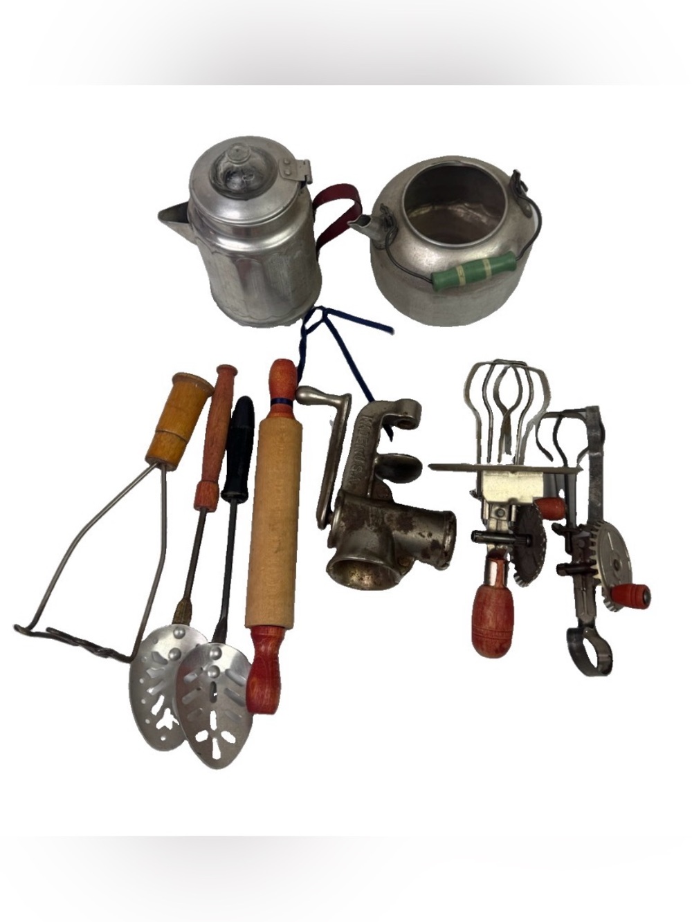 VTG  Miniature Toy Kitchen Utensil Lot Metal Grinder Egg Beaters Kettle Rolling